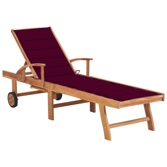 Chaise longue avec coussin en bois de teck massif rouge vin