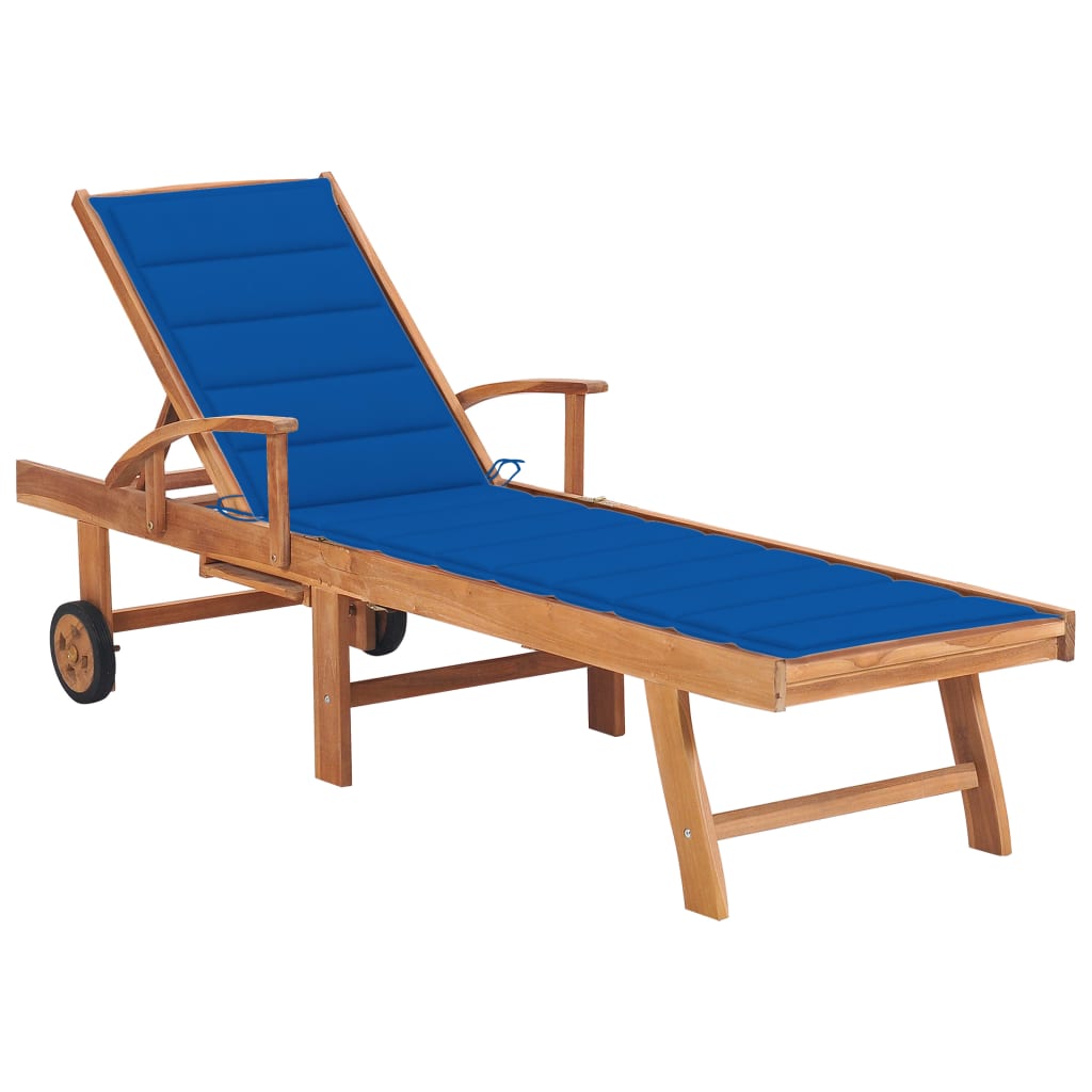 Chaise longue avec coussin en bois de teck massif bleu roi