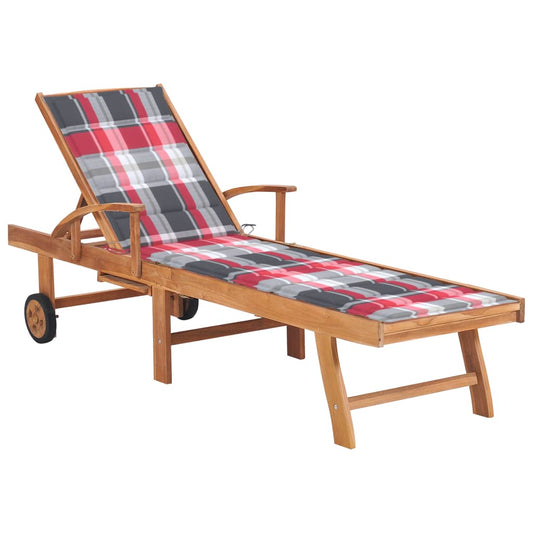Chaise longue avec coussin en bois de teck massif à carreaux rouges