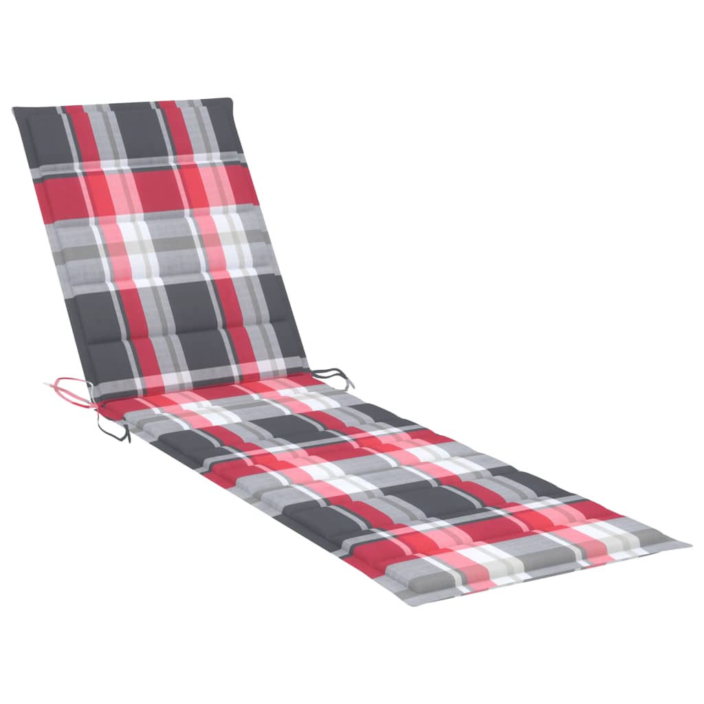 Chaise longue avec coussin en bois de teck massif à carreaux rouges