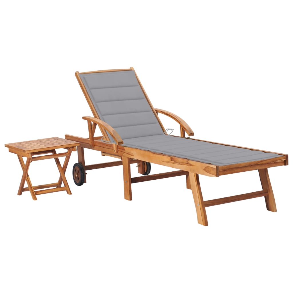 Chaise longue avec table et coussin en bois de teck massif
