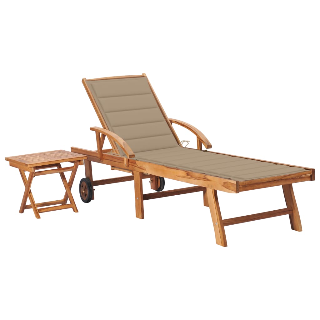 Chaise longue avec table et coussin en bois de teck massif