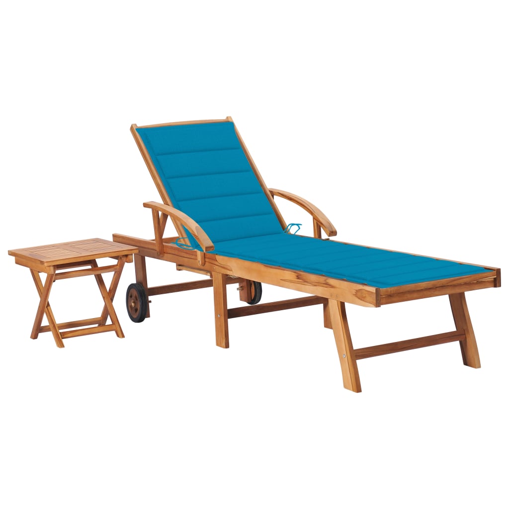 Chaise longue avec table et coussin en bois de teck massif