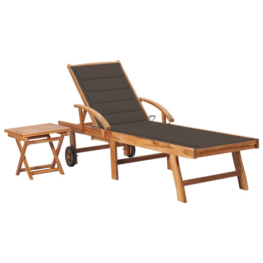 Chaise longue avec table et coussin en bois de teck massif