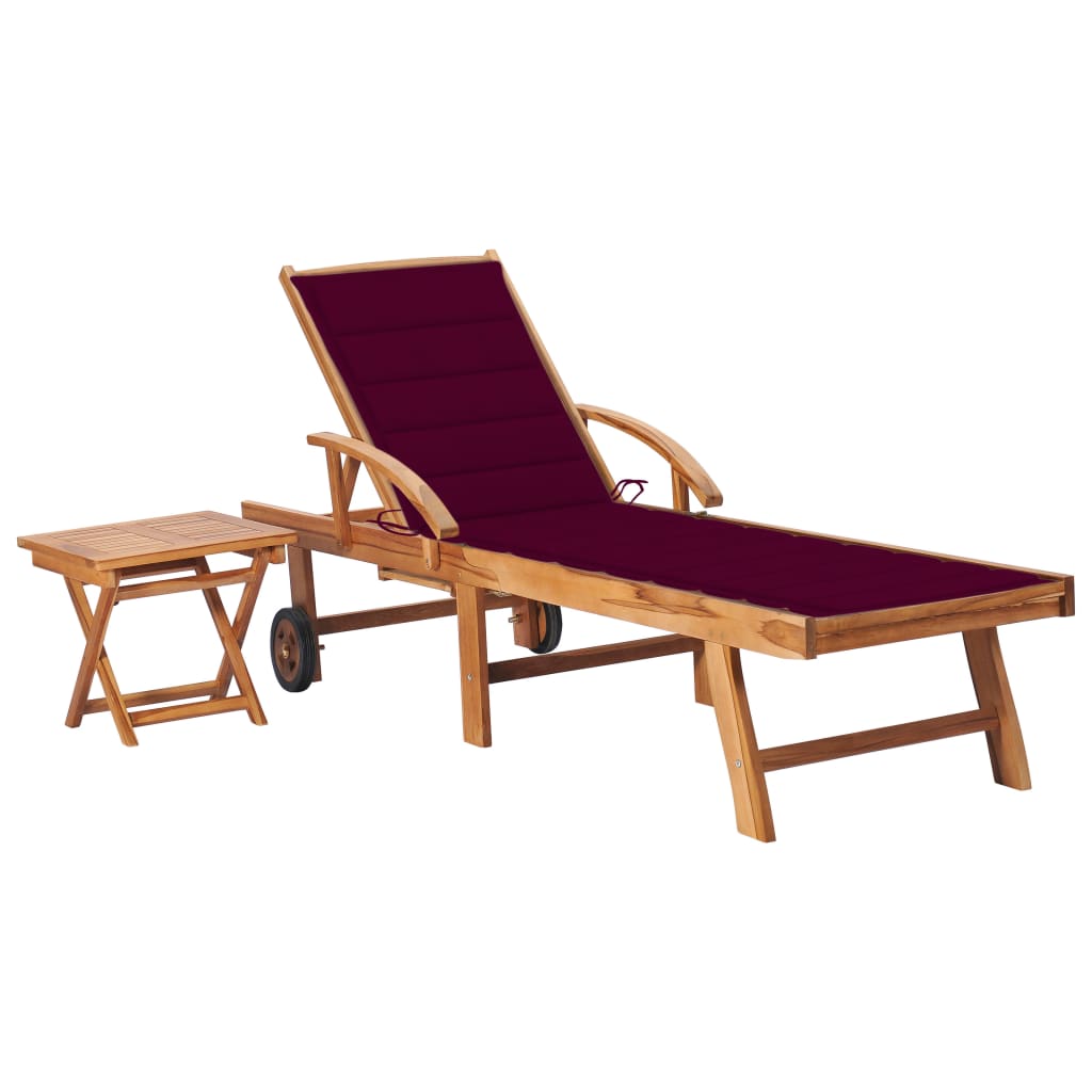 Chaise longue avec table et coussin en bois de teck massif