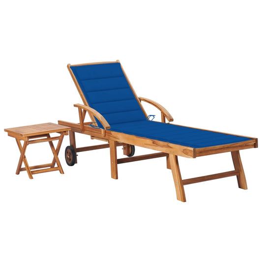 Chaise longue avec table et coussin en bois de teck massif