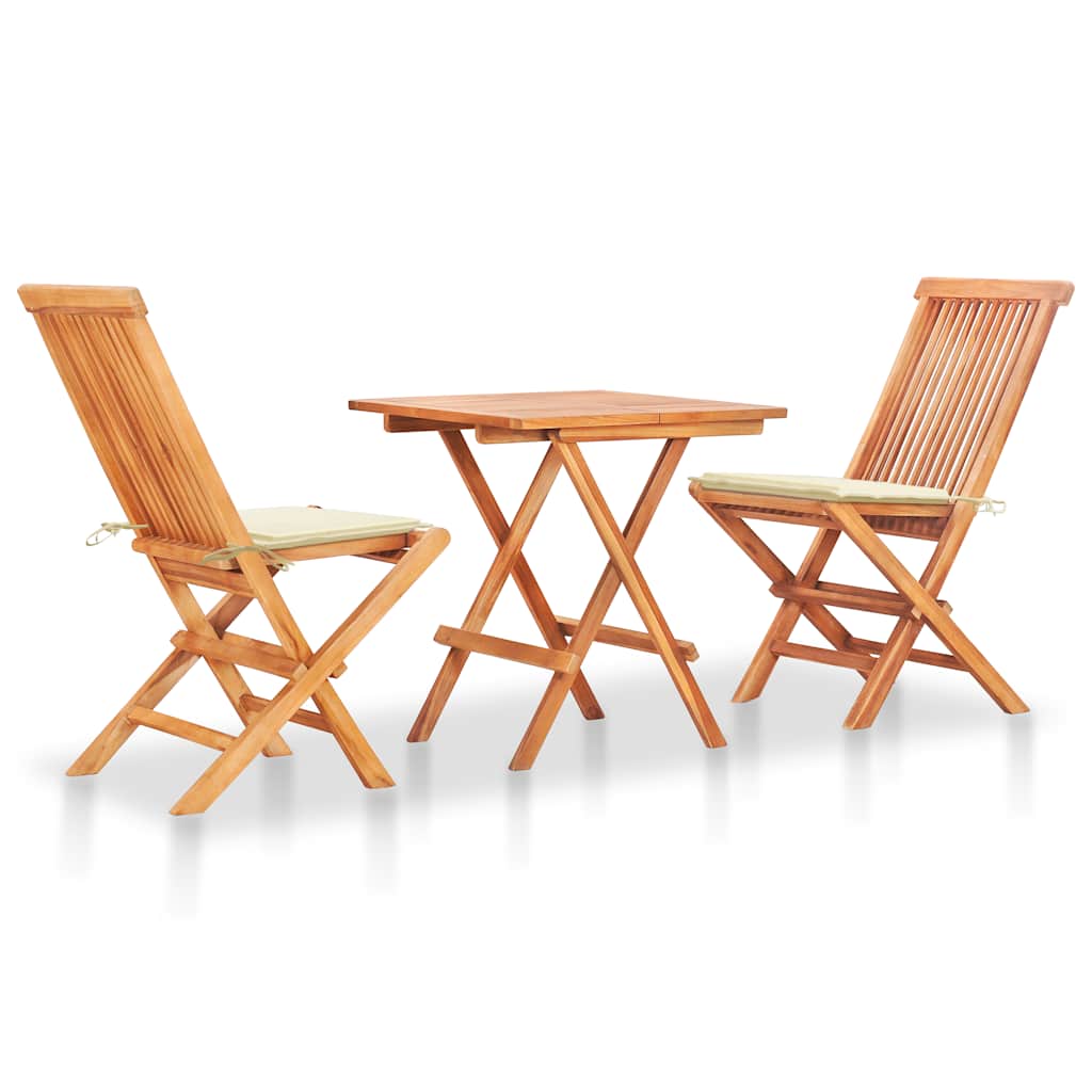 3-tlg. Bistroset mit Cremeweißen Kissen Massivholz Teak