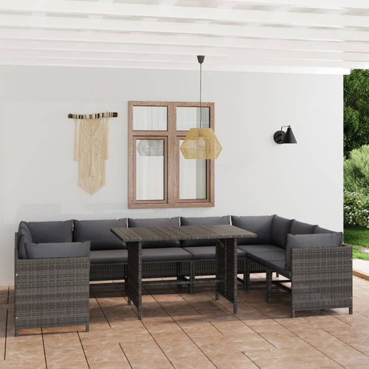 Salon de jardin 10 pièces avec coussins, en résine tressée, gris
