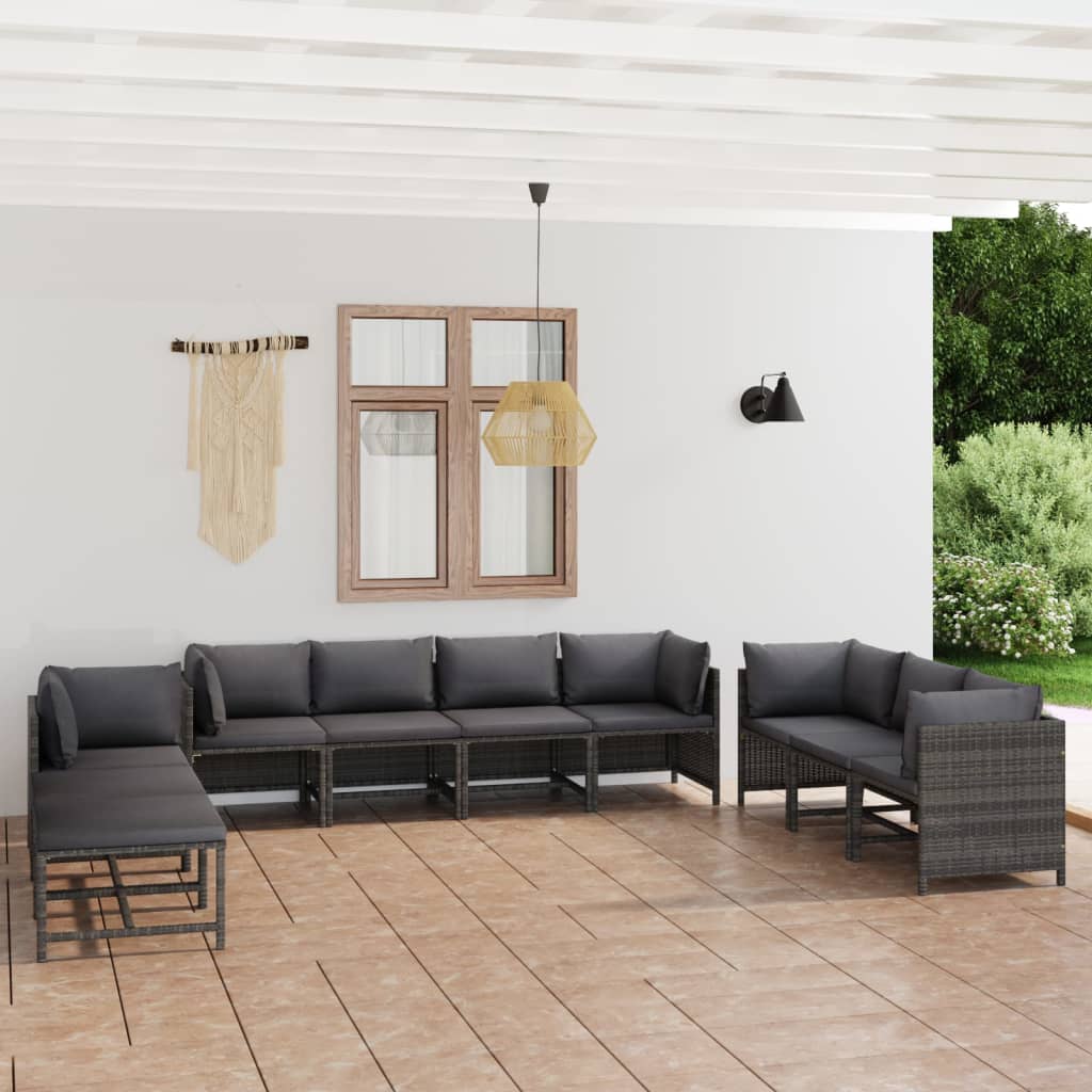 Salon de jardin 10 pièces avec coussins, en résine tressée, gris