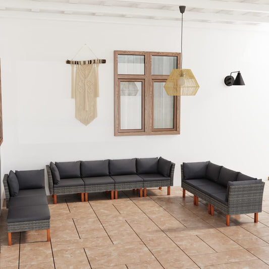 Salon de jardin 10 pièces avec coussins, en résine tressée, gris