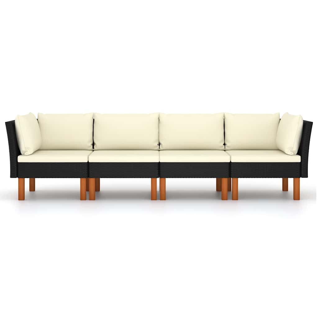 4-Sitzer-Gartensofa mit Kissen Schwarz Poly Rattan