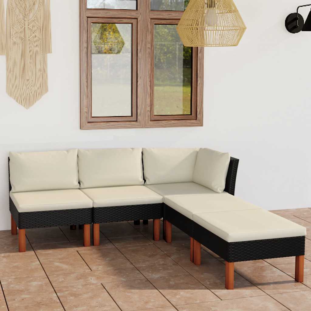 5-tlg. Garten-Lounge-Set mit Kissen Poly Rattan Schwarz