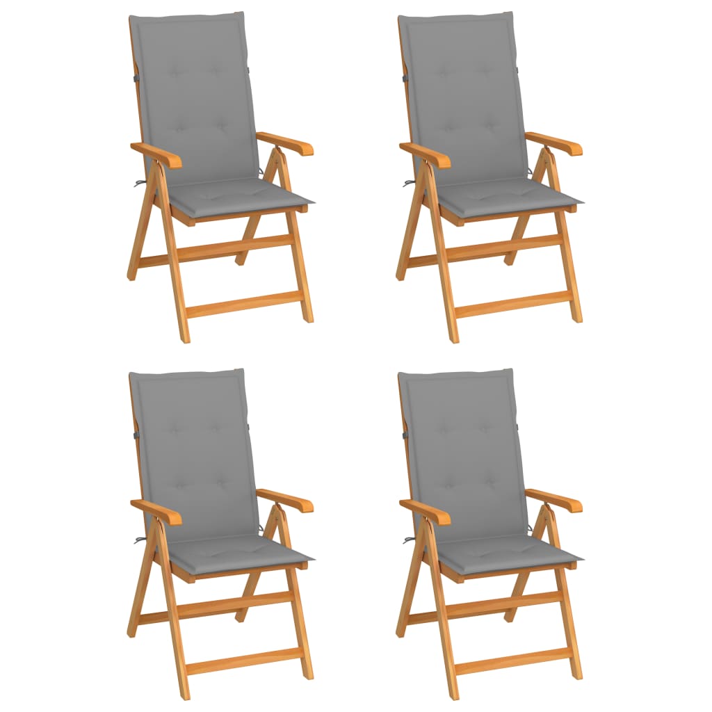 Klappstühle, 4er-Set mit grauen Kissen, aus massivem Teakholz