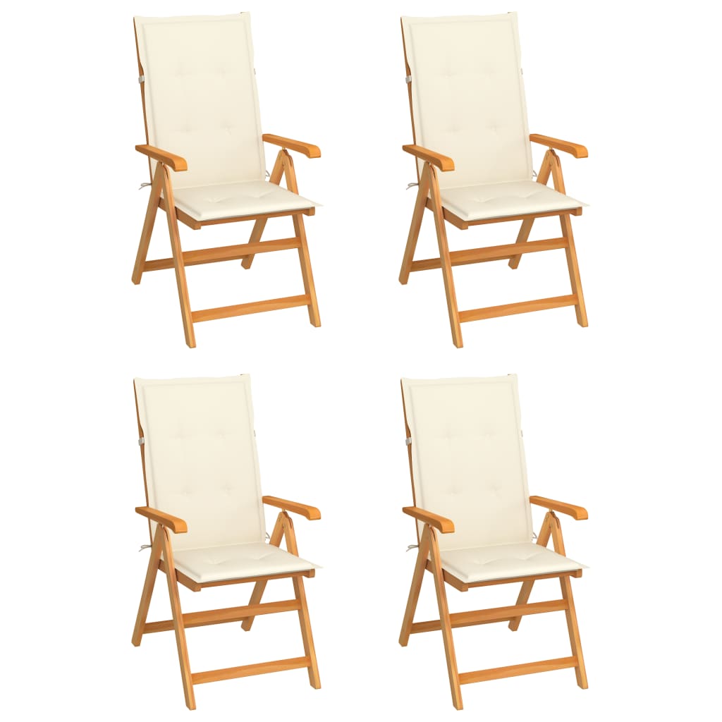 Klappstühle, 4er-Set mit cremefarbenen Kissen, aus massivem Teakholz
