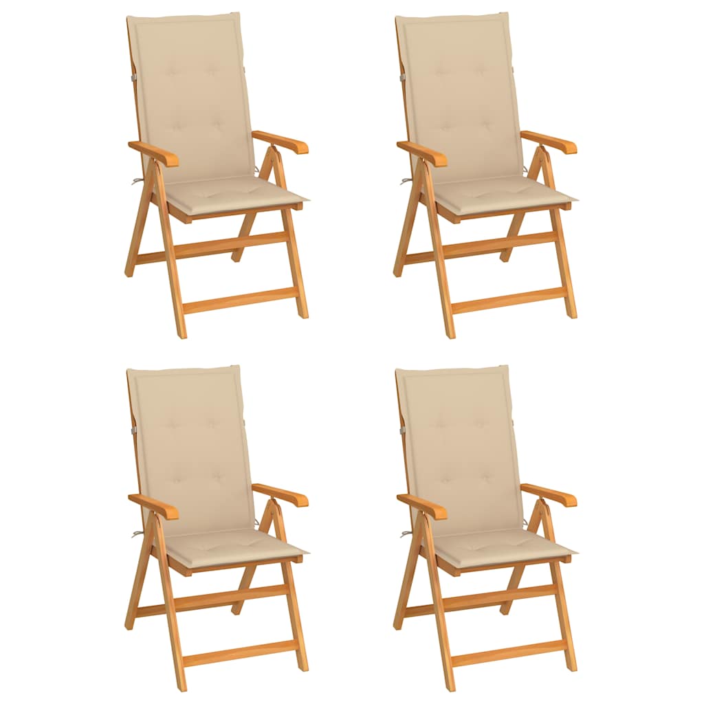 Klappstühle, 4er-Set, mit beigen Kissen, aus massivem Teakholz