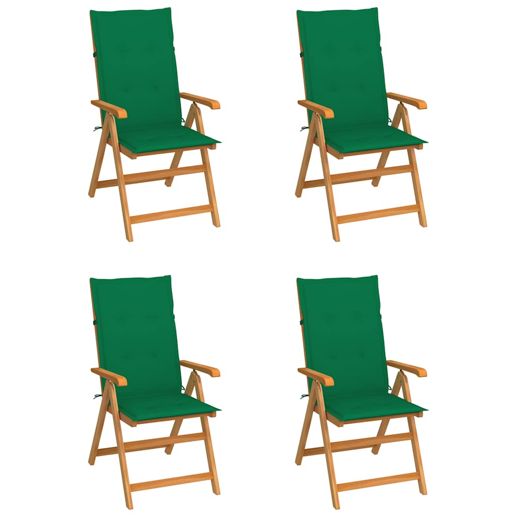 Klappstühle, 4er-Set mit grünen Kissen, aus massivem Teakholz