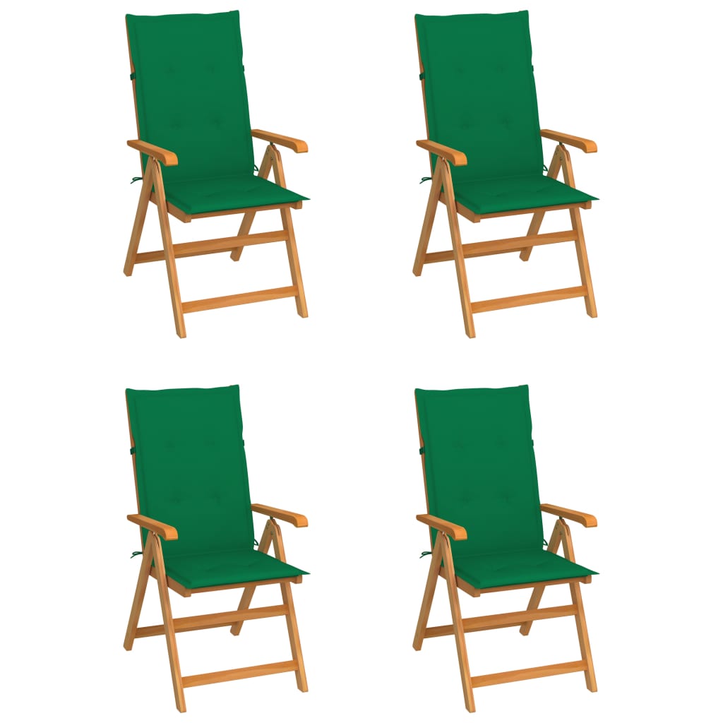 Klappstühle, 4er-Set mit grünen Kissen, aus massivem Teakholz