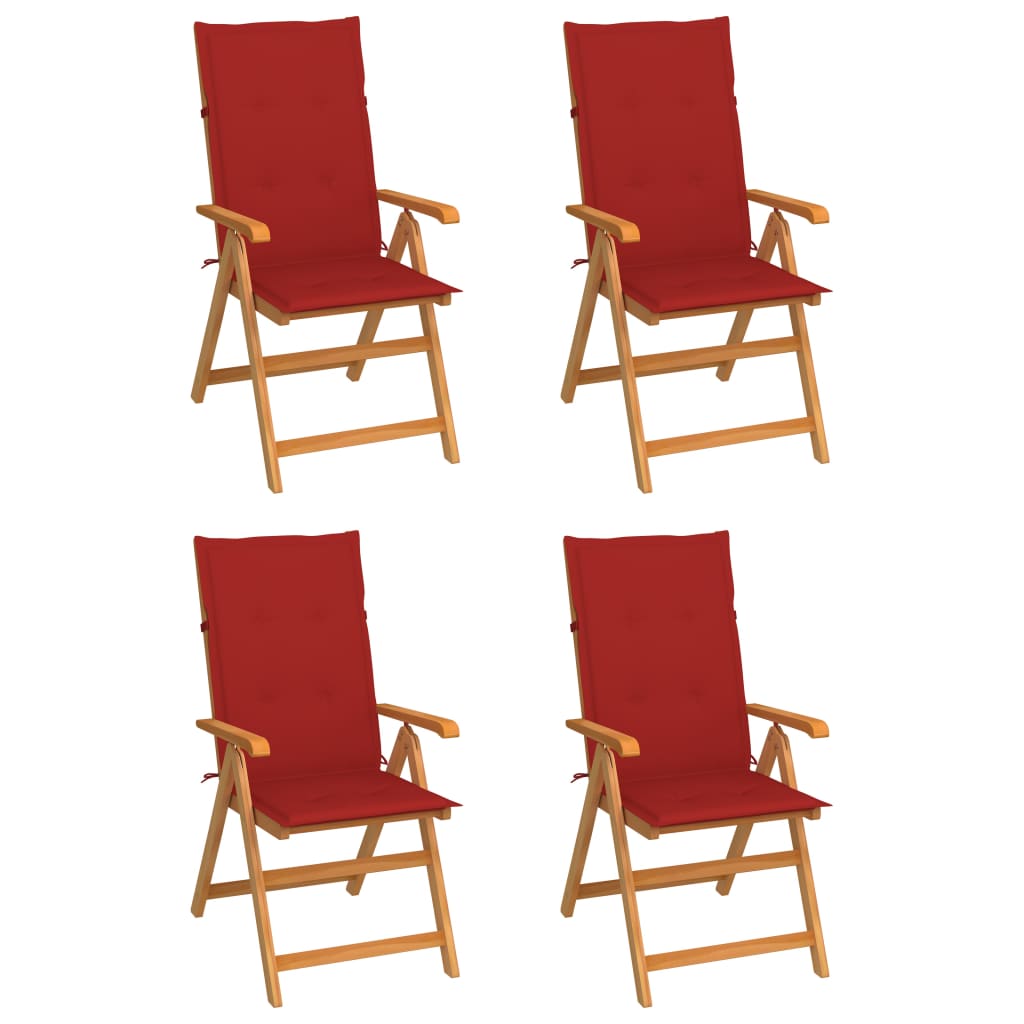 Klappstühle, 4er-Set mit roten Kissen, aus massivem Teakholz