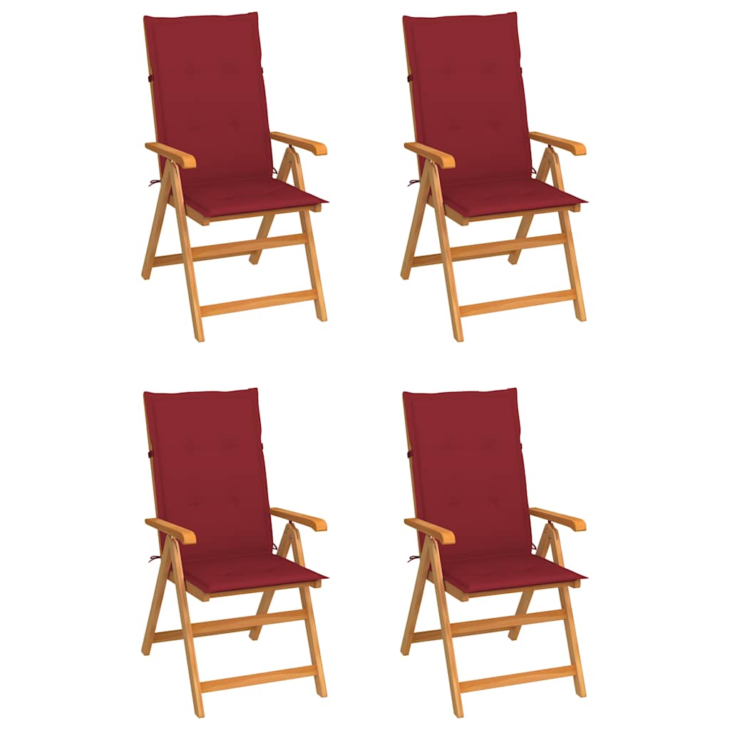 Klappstühle, 4er-Set, mit weinroten Kissen, aus massivem Teakholz