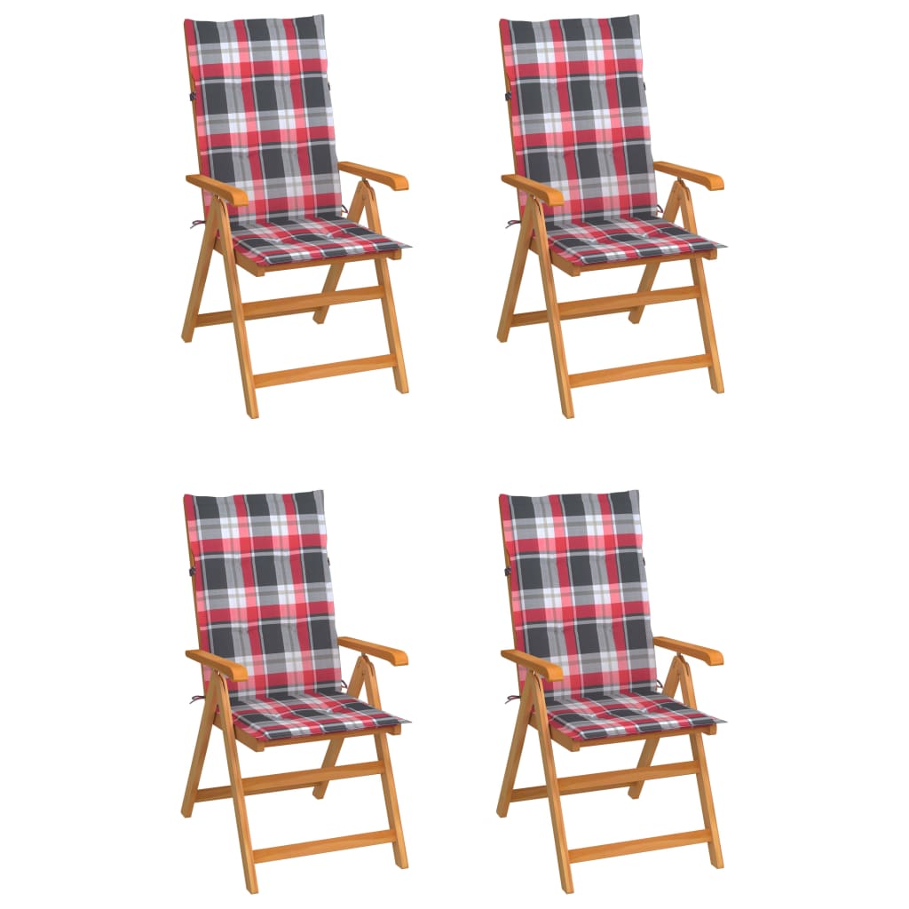 Klappstühle, 4er-Set, Kissen mit rotem Karomuster, Massivholz Teakholz