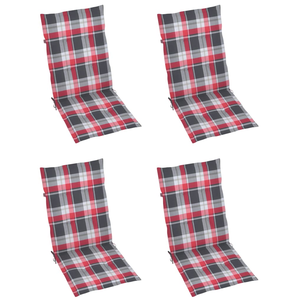 Klappstühle, 4er-Set, Kissen mit rotem Karomuster, Massivholz Teakholz
