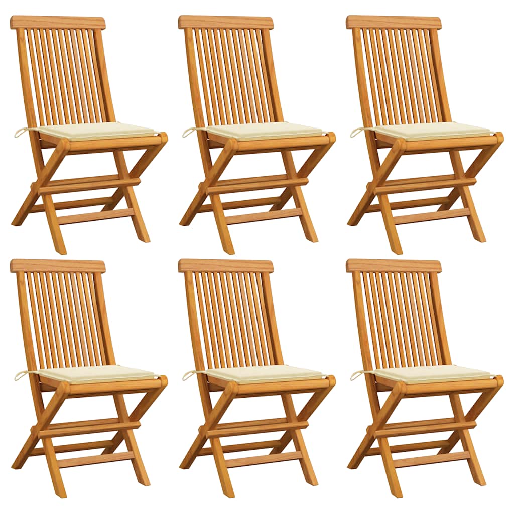 Klappstühle mit cremefarbenen Kissen, 6-teilig, Massivholz Teakholz
