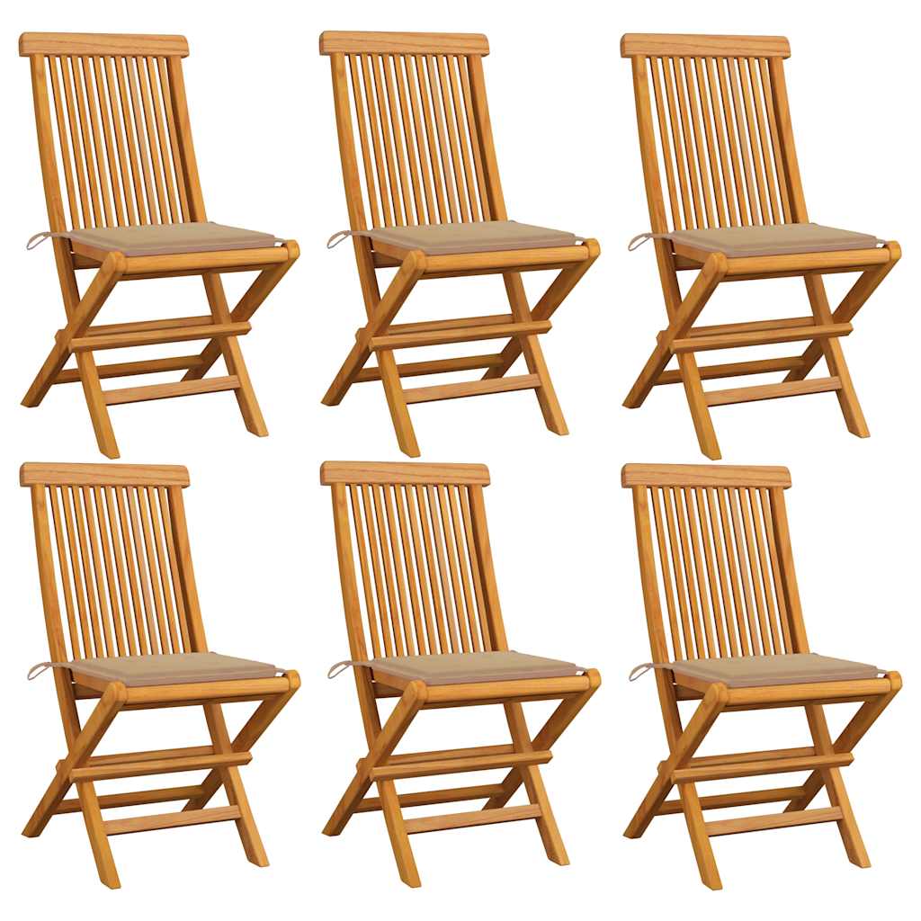 Klappstühle mit beigen Kissen, 6-teilig, Massivholz Teakholz