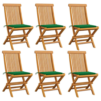 Klappstühle mit grünen Kissen, 6 Stück, Massivholz Teakholz