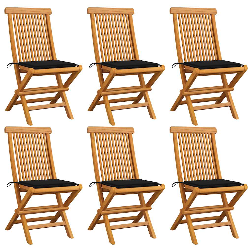 Klappstühle mit schwarzen Kissen, 6-teilig, Massivholz Teakholz