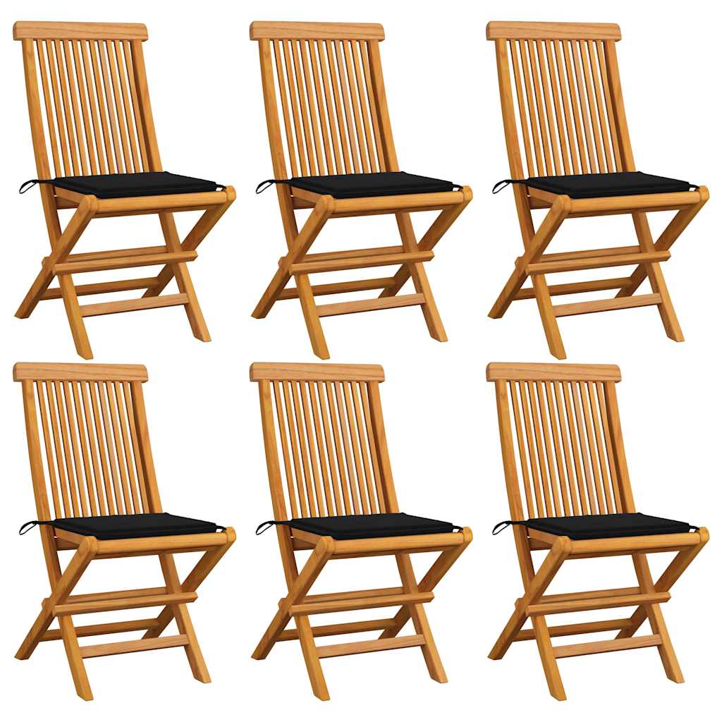 Klappstühle mit schwarzen Kissen, 6-teilig, Massivholz Teakholz