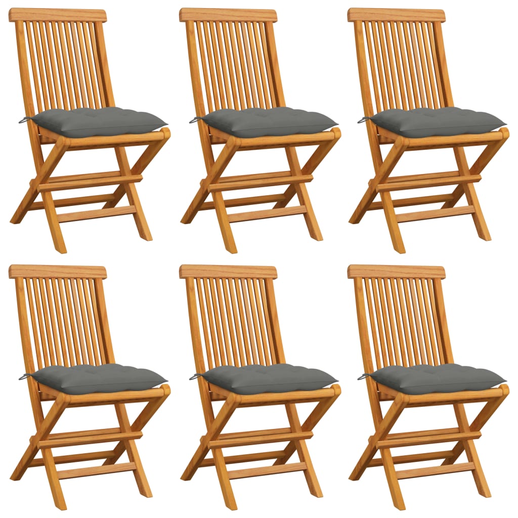 Klappstühle mit grauen Kissen, 6-teilig, Massivholz Teakholz