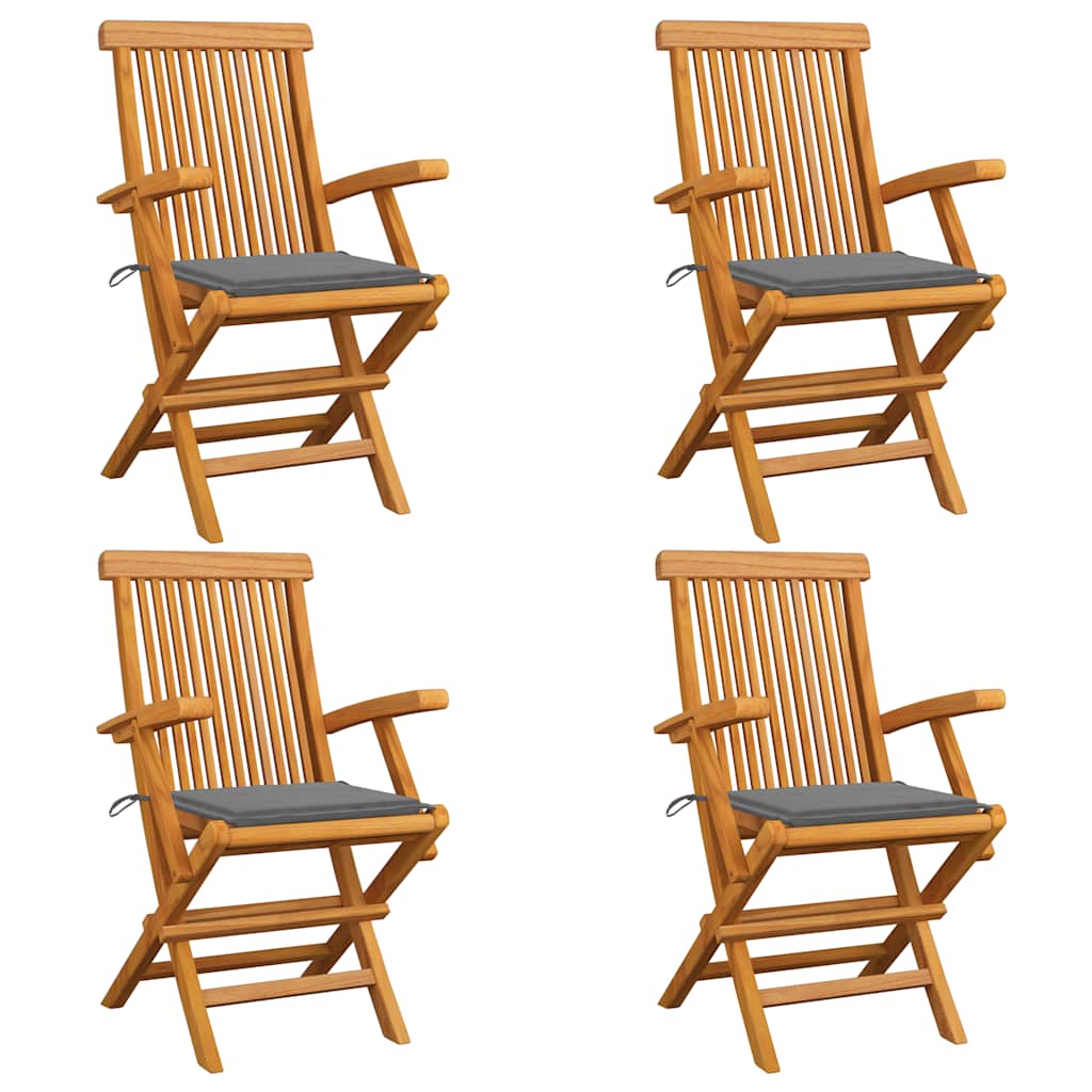 Klappstühle mit grauen Kissen, 4 Stück, Massivholz Teakholz