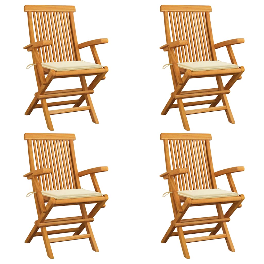 Klappstühle mit cremefarbenen Kissen, 4 Stück, Massivholz Teakholz