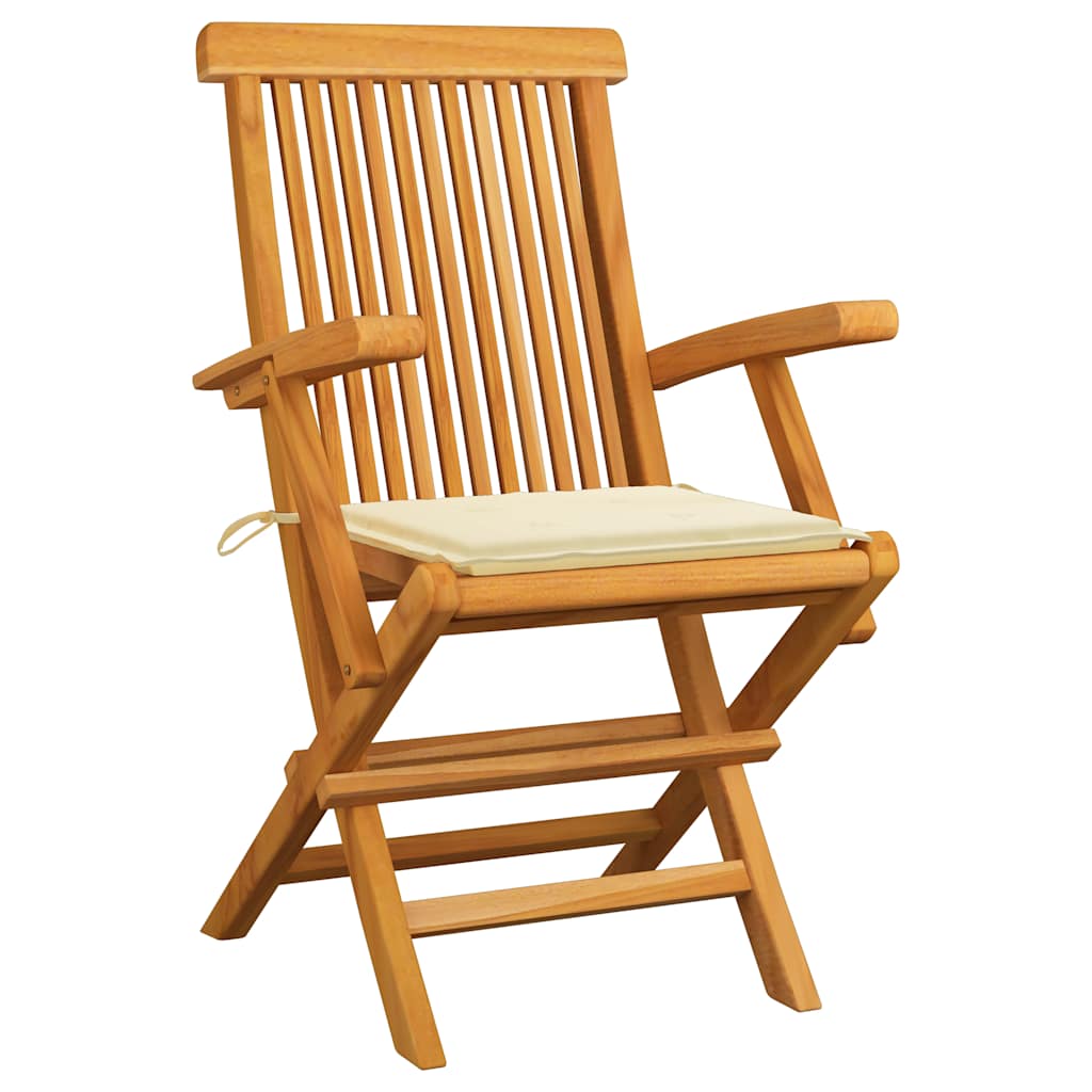 Klappstühle mit cremefarbenen Kissen, 4 Stück, Massivholz Teakholz