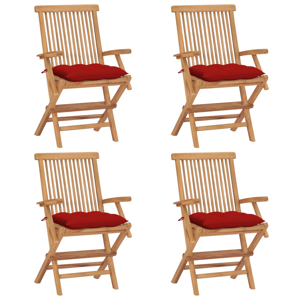 Klappstühle mit roten Kissen, 4 Stück, Massivholz Teakholz