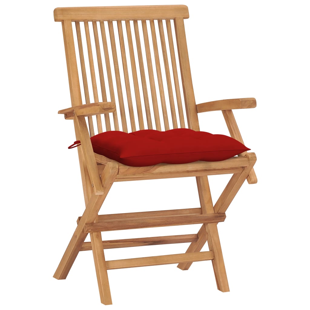 Klappstühle mit roten Kissen, 4 Stück, Massivholz Teakholz