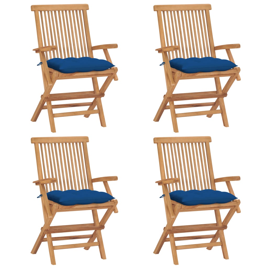 Klappstühle mit blauen Kissen, 4 Stück, Massivholz Teakholz
