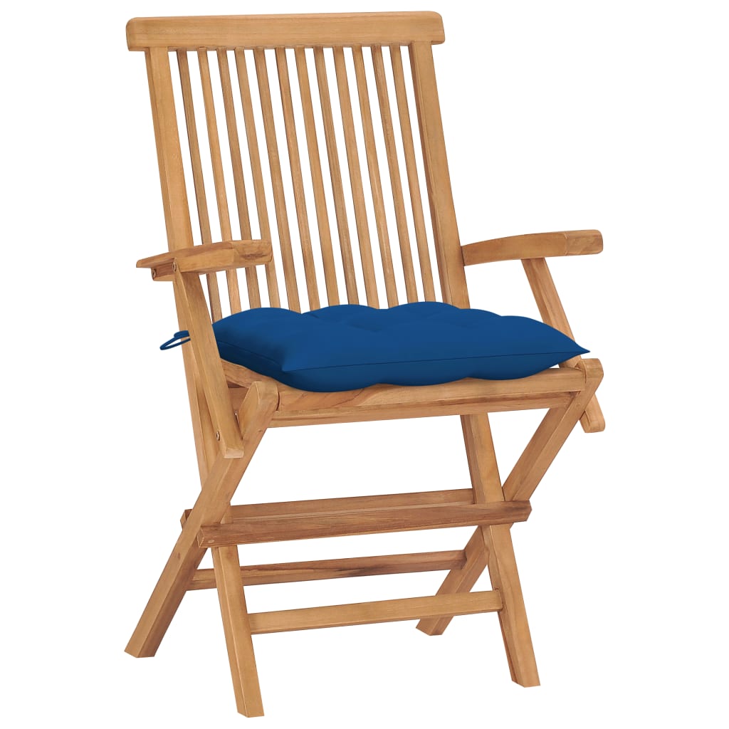 Klappstühle mit blauen Kissen, 4 Stück, Massivholz Teakholz