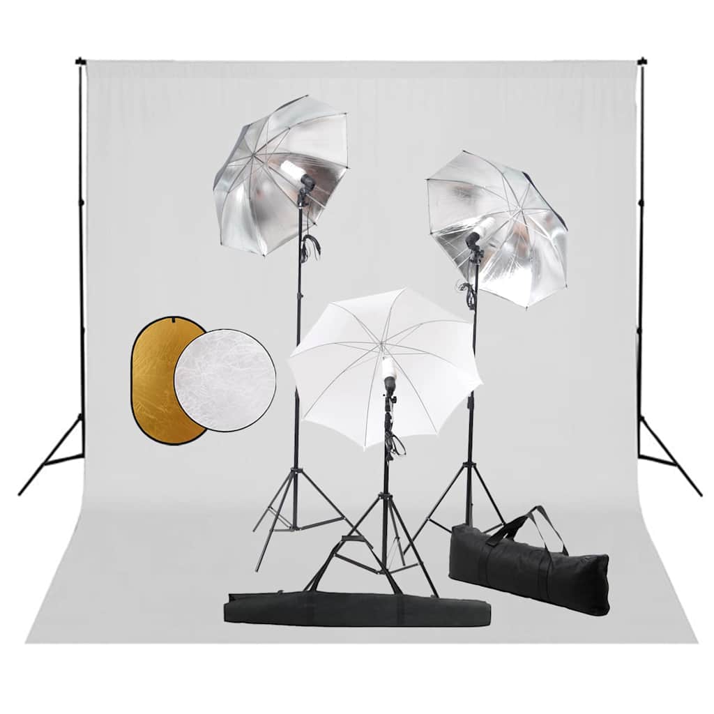 Fotostudio-Set mit Leuchten, Schirmen, Hintergrund, Reflektor