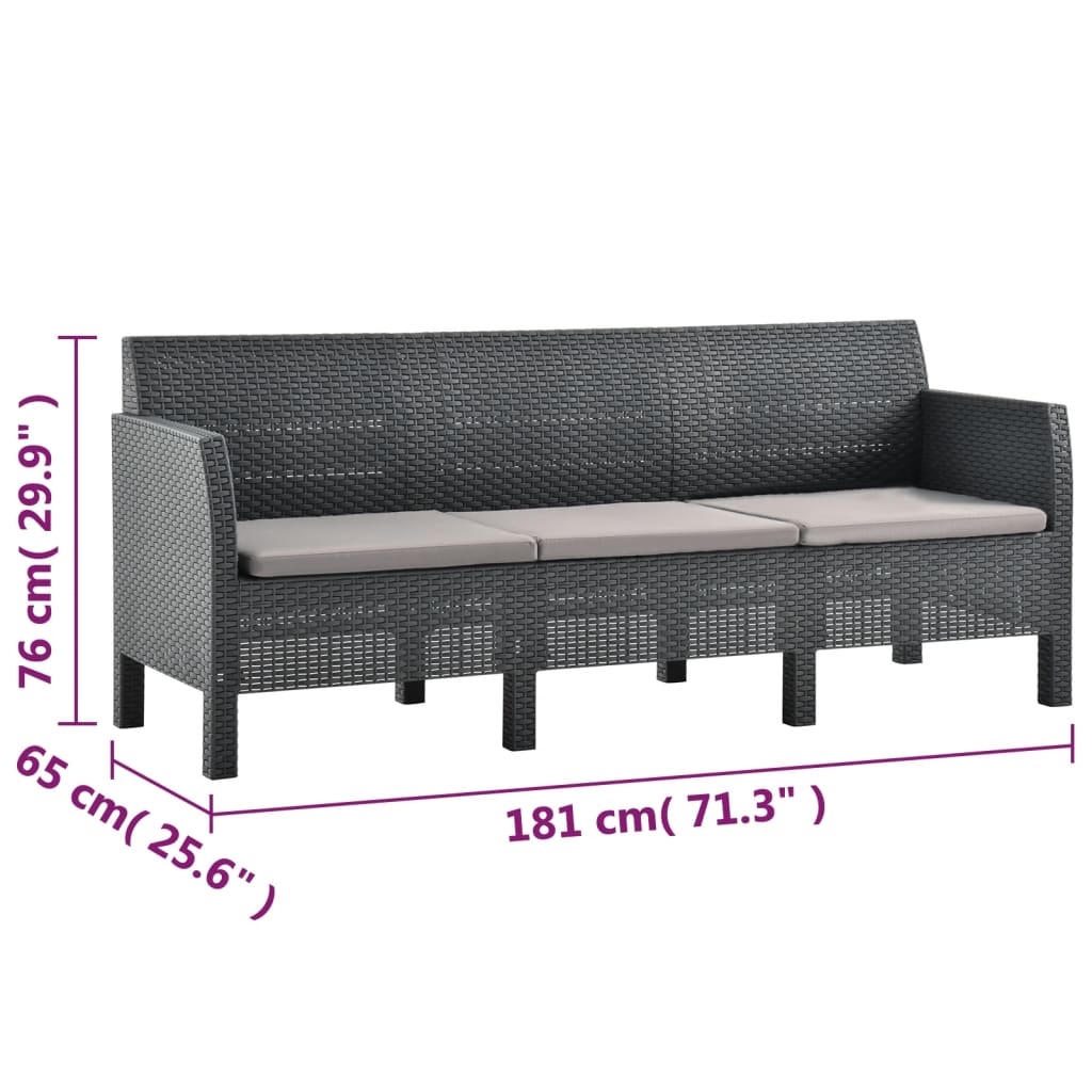Canapé de jardin 3 places avec coussins en rotin PP anthracite