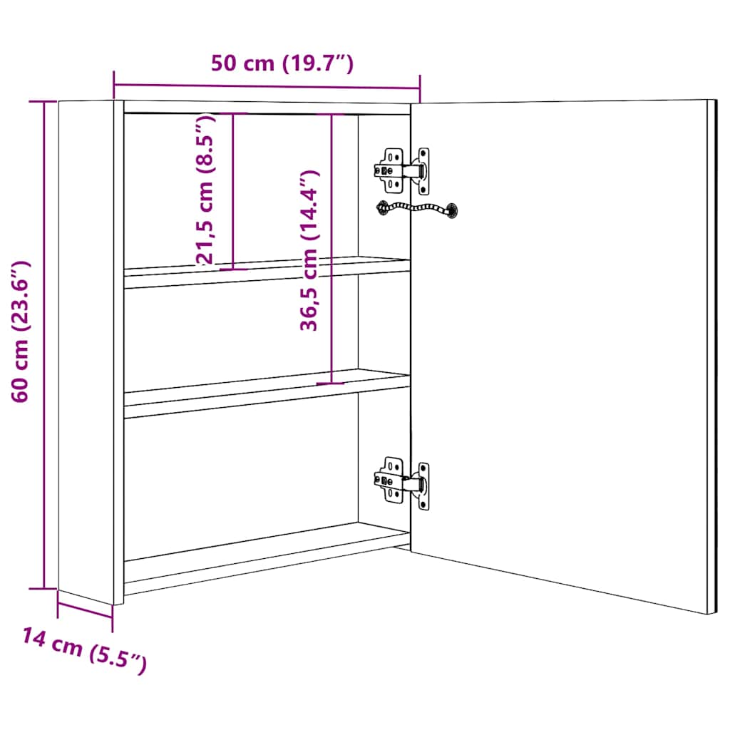LED-Bad-Spiegelschrank Weiß und Eichen-Optik 50x14x60 cm