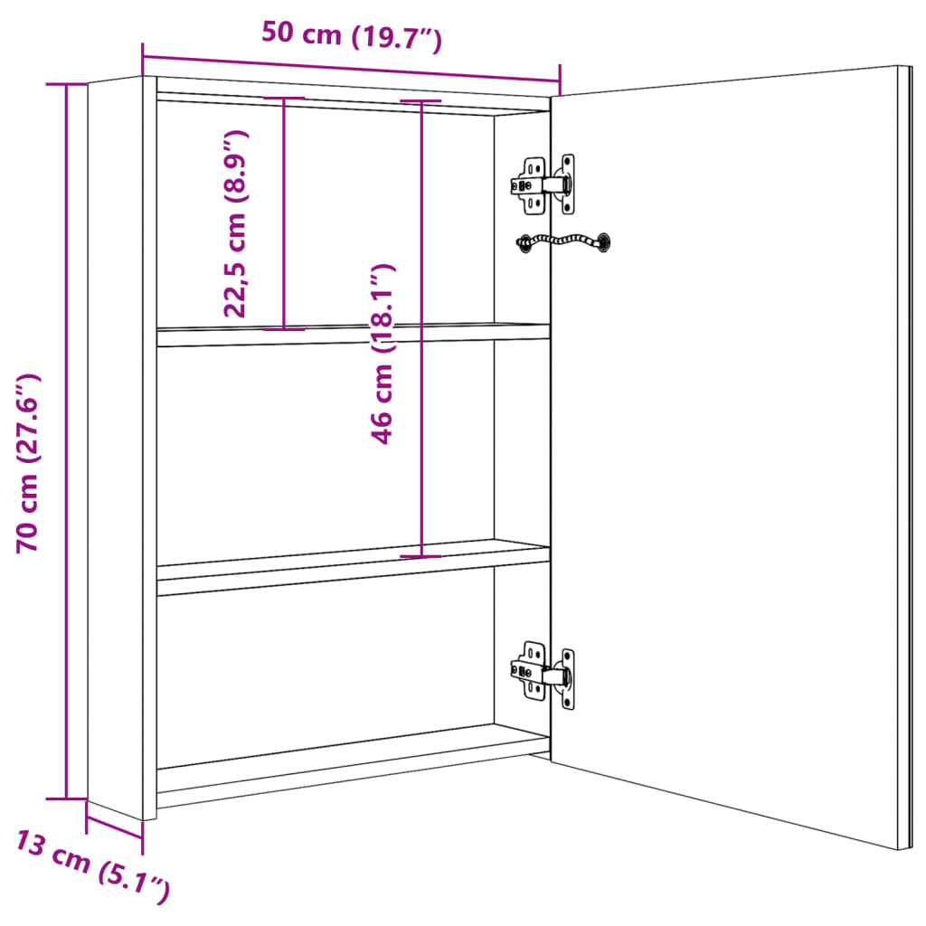 LED-Bad-Spiegelschrank Glänzendes Grau 50x13x70 cm