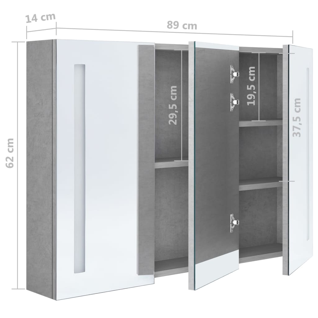 LED mirror cabinet for the bathroom, concrete grey, 89 x 14 x 62 cm