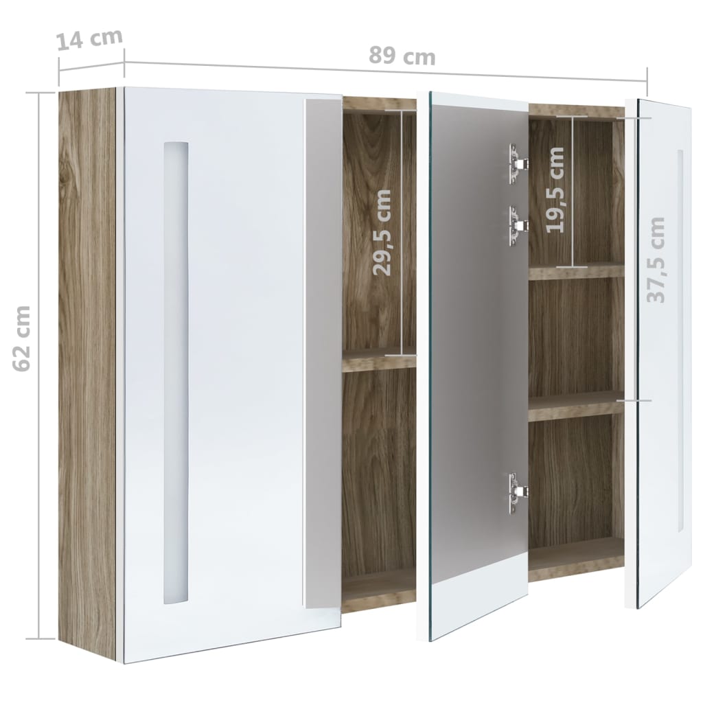 LED bathroom mirror cabinet 89x14x62 cm white and oak look