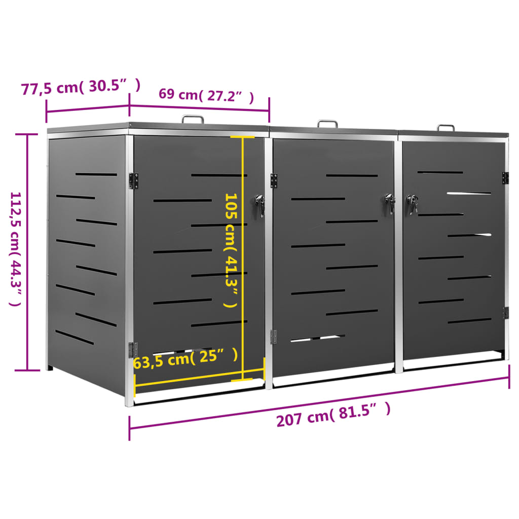 Mülltonnenbox für 3 Tonnen 207x77,5x112,5 cm Edelstahl