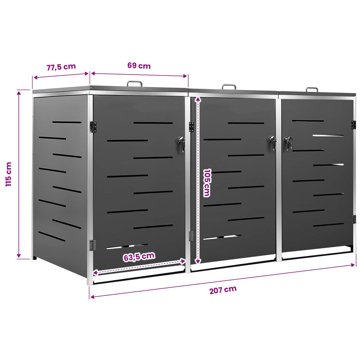 Mülltonnenbox für 3 Tonnen 207x77,5x115 cm Edelstahl