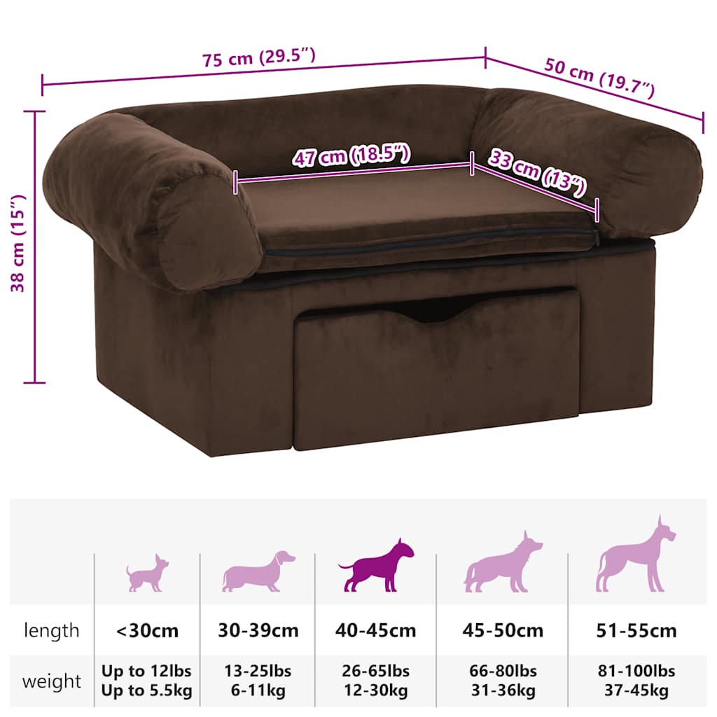 Dog sofa with drawer brown 75x50x38 cm plush
