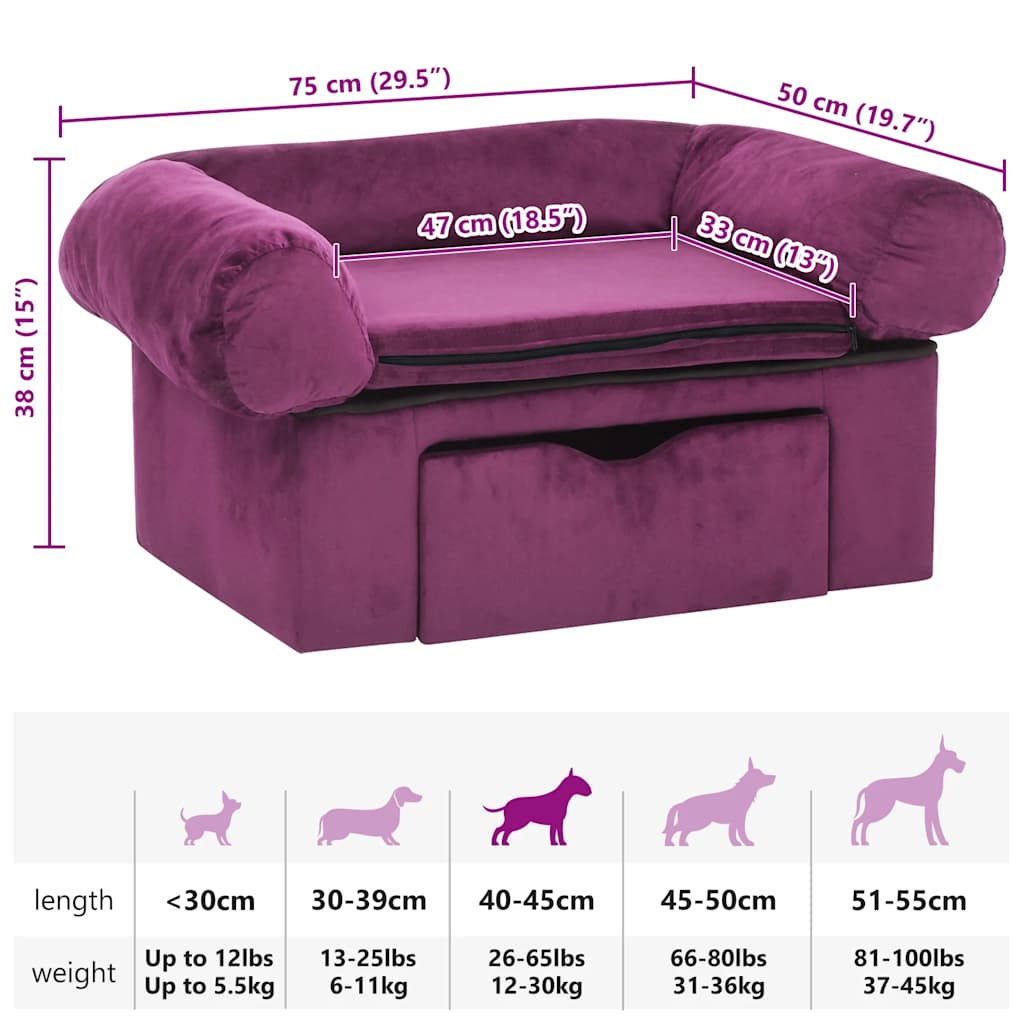 Dog sofa with drawer burgundy red 75x50x38 cm plush