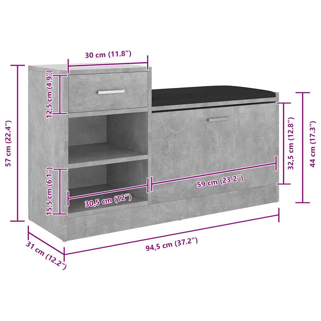 Schuhbank Betongrau 94,5x31x57 cm Holzwerkstoff
