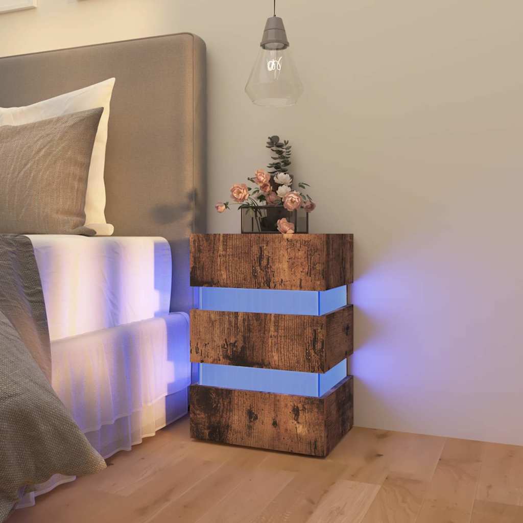 Table de chevet LED en chêne fumé 45x35x67 cm matériau bois